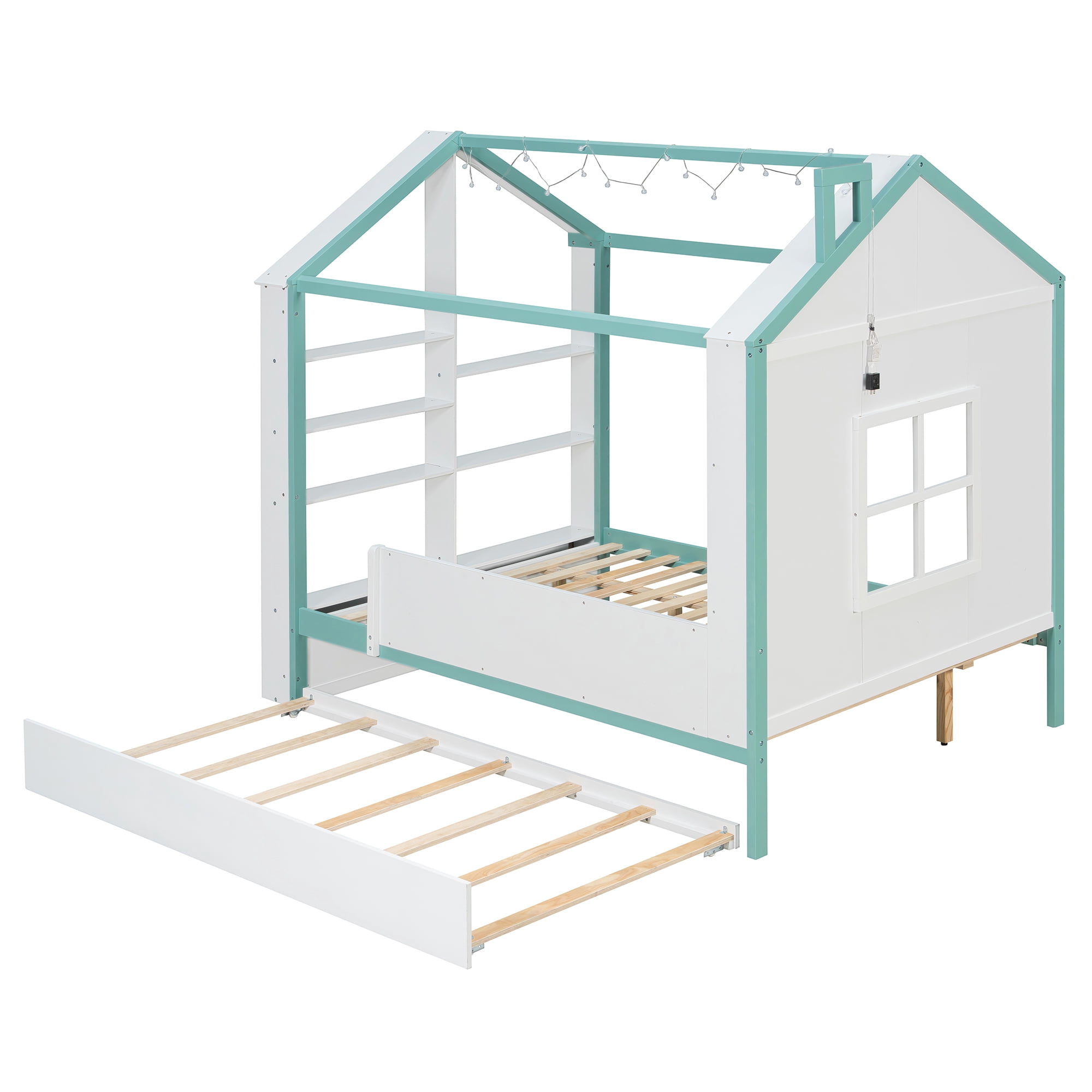 Full Size House Bed Frame with Pull-Out Trundle, Tail End Storage Shelves and Cool White LED Lights, White+Blue