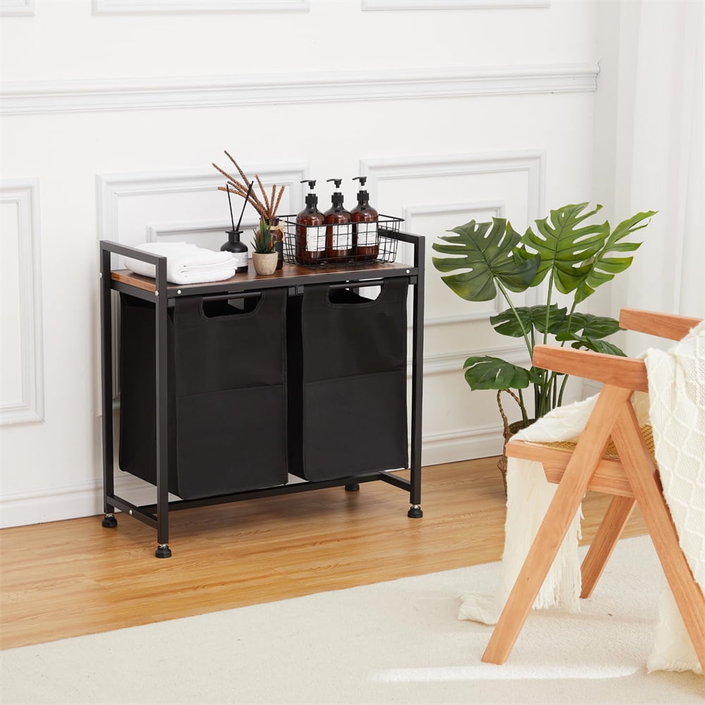 Laundry Hamper with Shelf, Laundry Basket Section, Laundry Sorter, Cloest Storage and Organization, Clothes hamper with Table, for Bathroom, Bedroom, Restroom, Black
