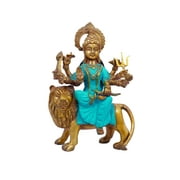 Goddess of Lions Murti in Blue Sari Brass Statue For Puja, Home Mandir, Gifts by Pooja Bazar 7 X 11 X 3 In