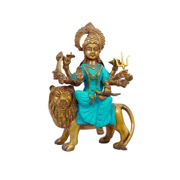 Goddess of Lions Murti in Blue Sari Brass Statue For Puja, Home Mandir, Gifts by Pooja Bazar 7 X 11 X 3 In