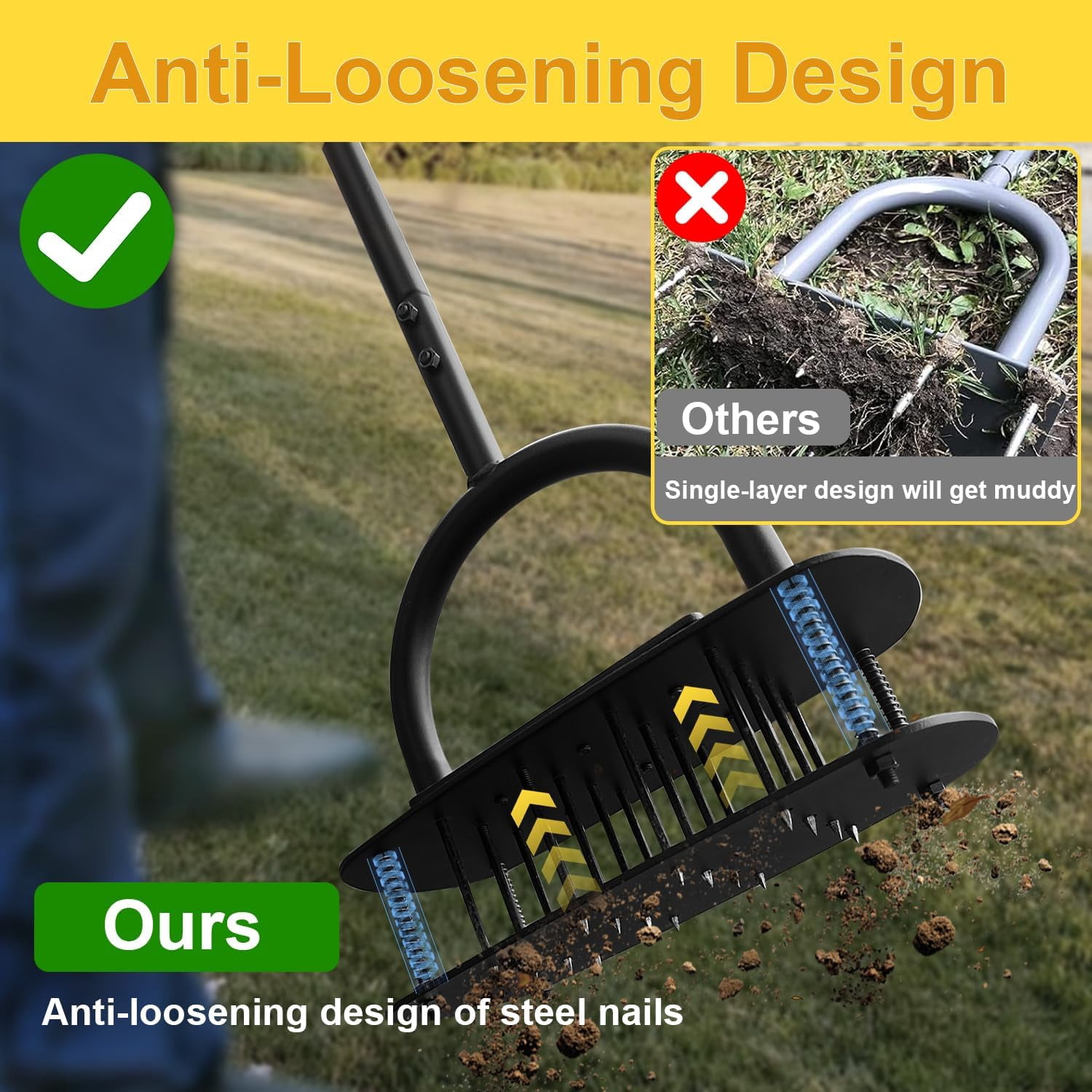 Manual lawn aeration tool, lawn aerator with 16 iron nails, lawn aerator with spring auto-clean and three-layer anti-loosening design, pre-assembled lawn grass aerator, lawn gardening tool