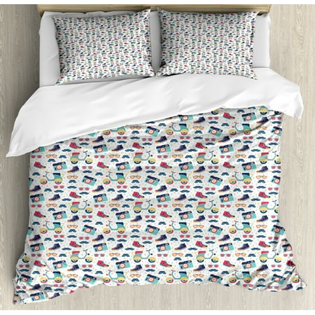 3 Piece Scooter - Hipster Queen Size Duvet Cover Set, Teenager Fun Pattern with Mustache Photo Camera Scooter Sneakers and Sunglasses, Decorative 3 Piece Bedding Set with 2 Pillow Shams, Multicolor, by Ambesonne