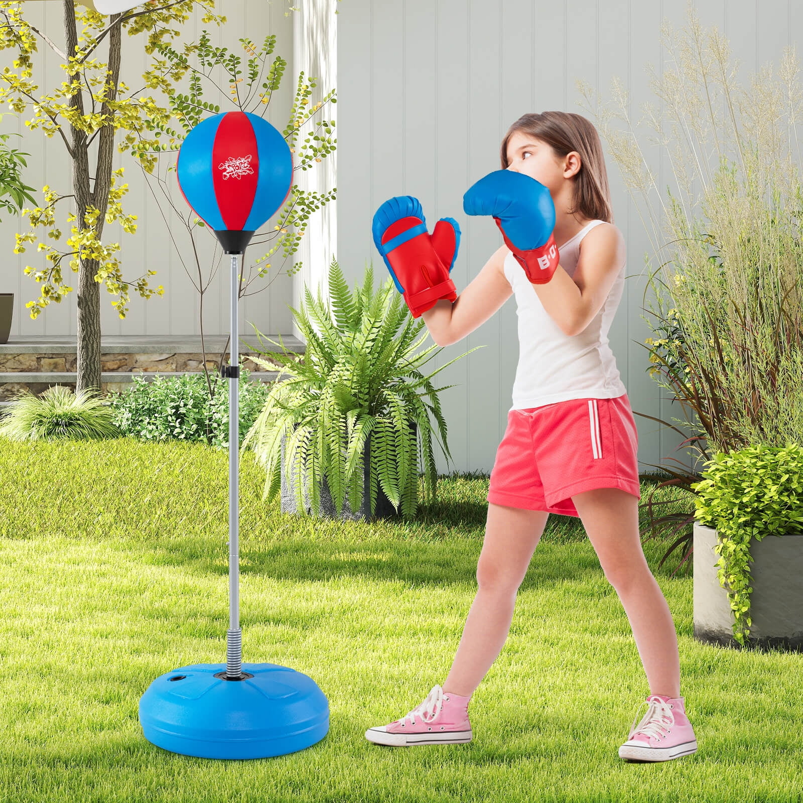 Costway Boxing Punching Bag with Height Adjustable Stand Boxing Gloves Adults Blue