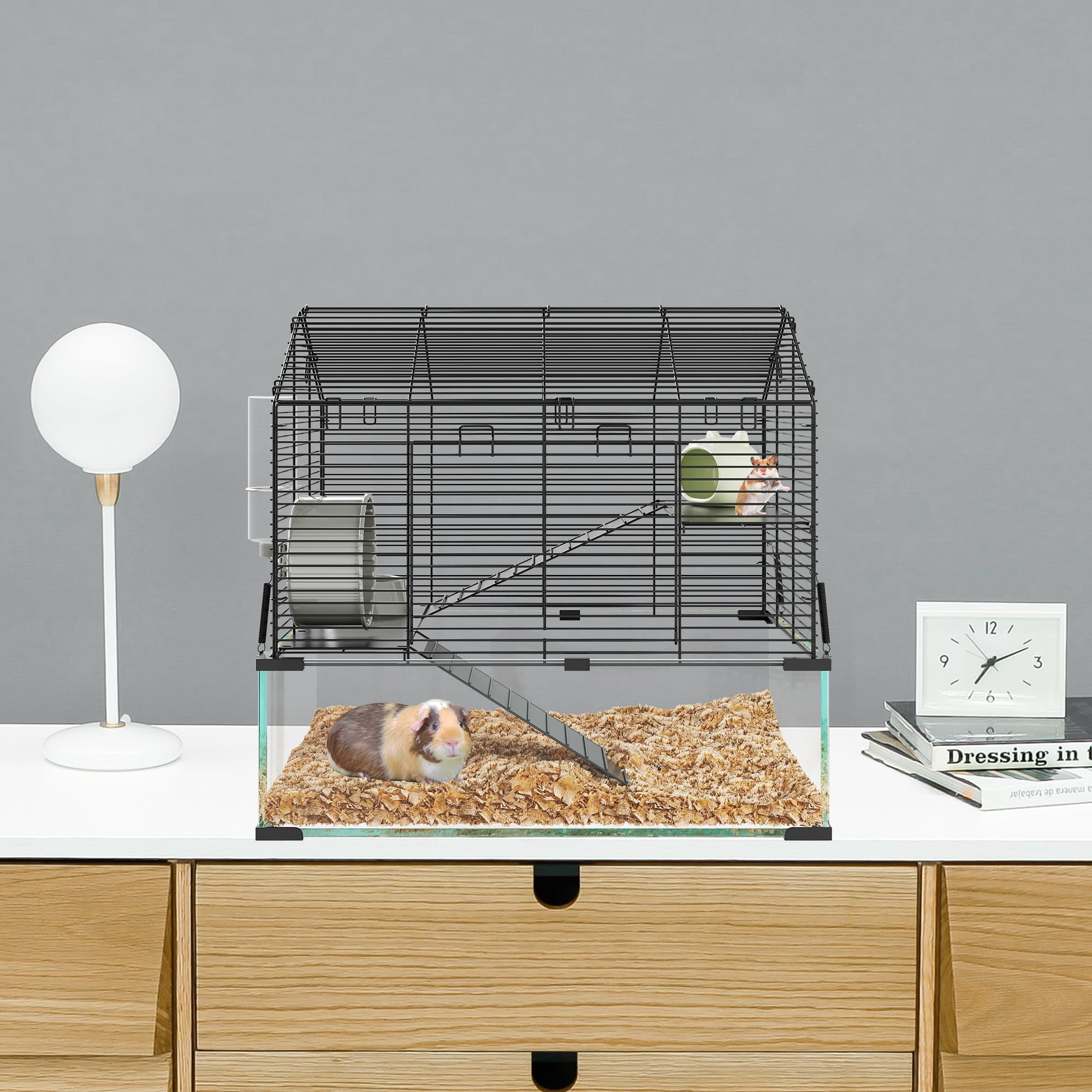BouPower 3-Tier Hamster Cage for Syrian & Dwarf Hamsters, Multi-Level Small Animal Habitat with Silent Spinner Wheel, Chew-Proof Water Bottle & Feed Bowl, Space-Saving for Apartments