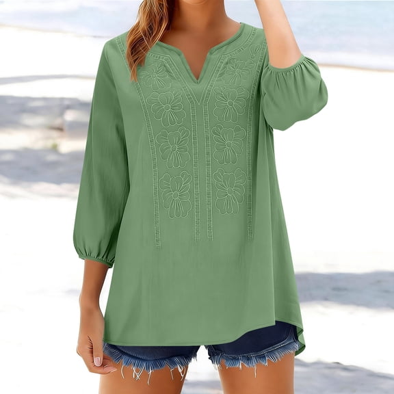 Babysbule Women's V-Neck Embroidered 3/4 Sleeve Blouse, Lightweight Cotton Linen Loose Tunic Top for Spring and Summer Casual Wear