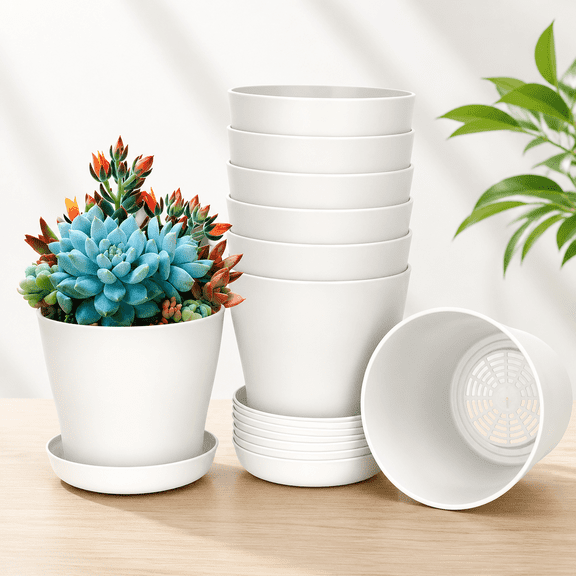 8-Pack White Small Round Plant Pots, Succulent Pots for Indoor/Outdoor, Resin Plastic with Drainage Holes and Polished Finish
