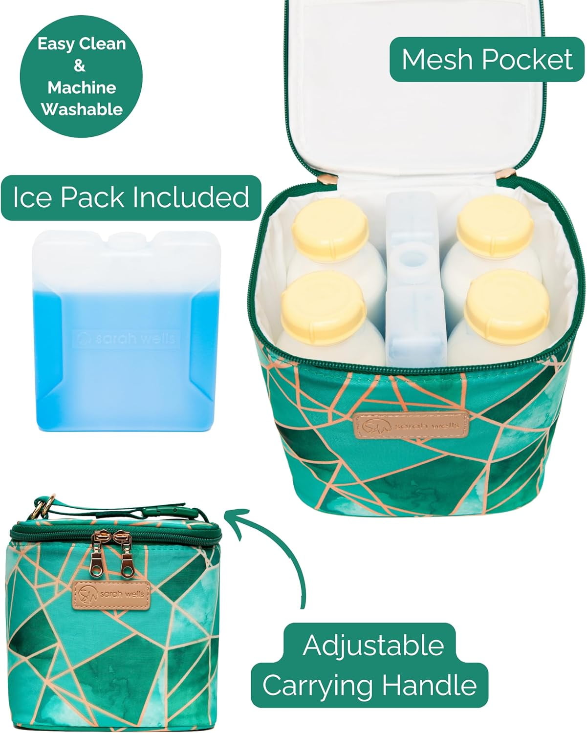 Sarah Wells Cold Gold Breast Milk Cooler Bag with Ice Pack, Insulated Storage for Bottles & Pump Parts, Washable (Limited Edition Mosaic)