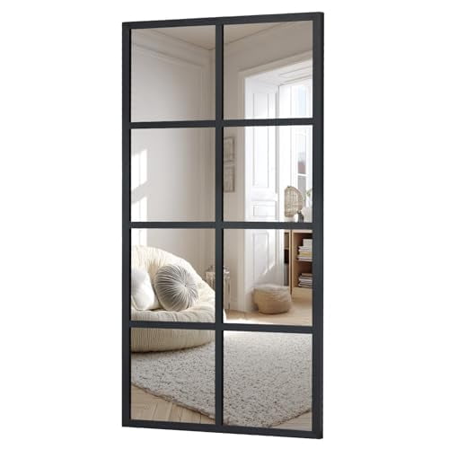 Windowpane Full Length Mirror, HD Grid Wall Mounted Mirror, Modern Metal Frame Decorative Accent Mirror for Bedroom Bathroom Living Room Entryway, 16" x32", Black