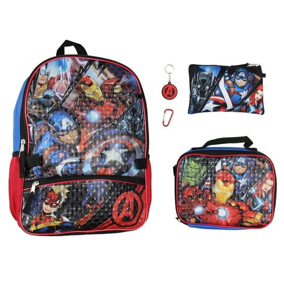Marvel Avengers 5 Pc Kids Backpack Set Lunch Box Key Chain Pencil Case Carabiner For Travel School