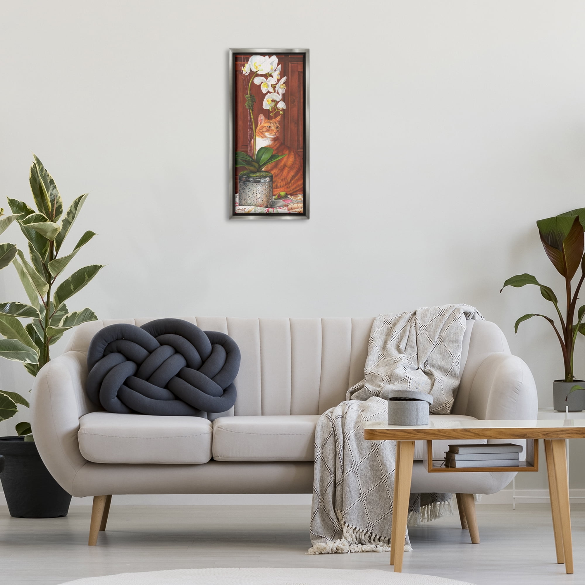 Stupell Industries Cat & Orchid Flower Animals & Insects Painting Gray Floater Framed Canvas Art Print Wall Art, 11 x 25