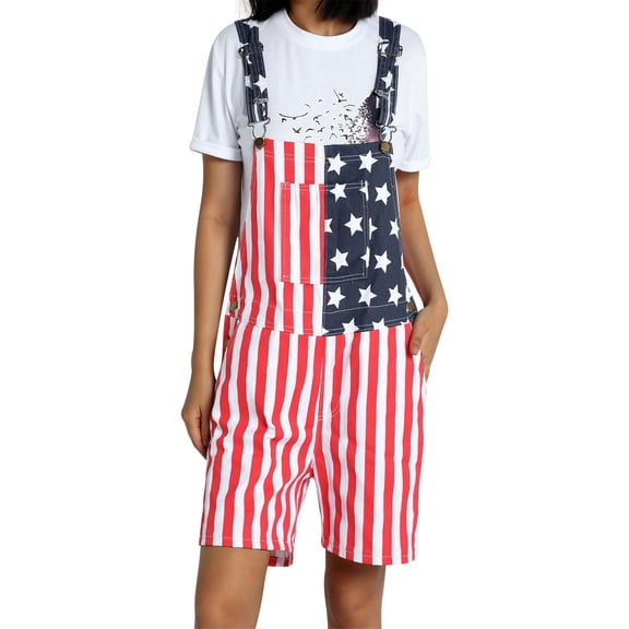 Chollius Women Men 4th of July Patriotic American Flag Casual Bib Overalls Unisex One Piece Adjustable Strap Button Independence Day Jumpsuit Denim Romper with Pockets