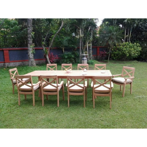 Teak Dining Set:10 Seater 11 Pc - Large 117" Mas Trestle Leg Rectangle Table And 10 Granada Stacking Arm Chairs Outdoor Patio Grade-A Teak Wood WholesaleTeak #WMDSGR7