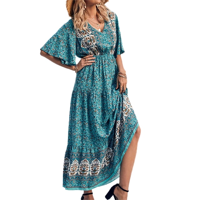 Txlixc - Vestido informal para mujer, diseño bohemio, manga corta, cuello en V, verano, playa, vacaciones, vestido elegante Txlixc Casual