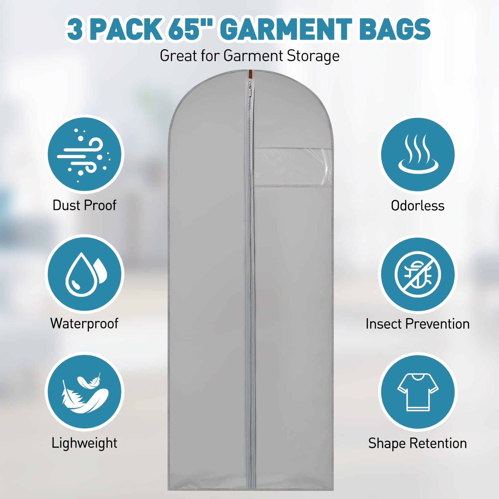 DAKOMM 65'' Dress Bags for Gowns Long, 3 Pack PEVA Garment Bags for Hanging Clothes, Garment Cover with Clear Window, Storage and Travel Suit Bag Cover for Long Dresses, Gowns, Coats (Gray)