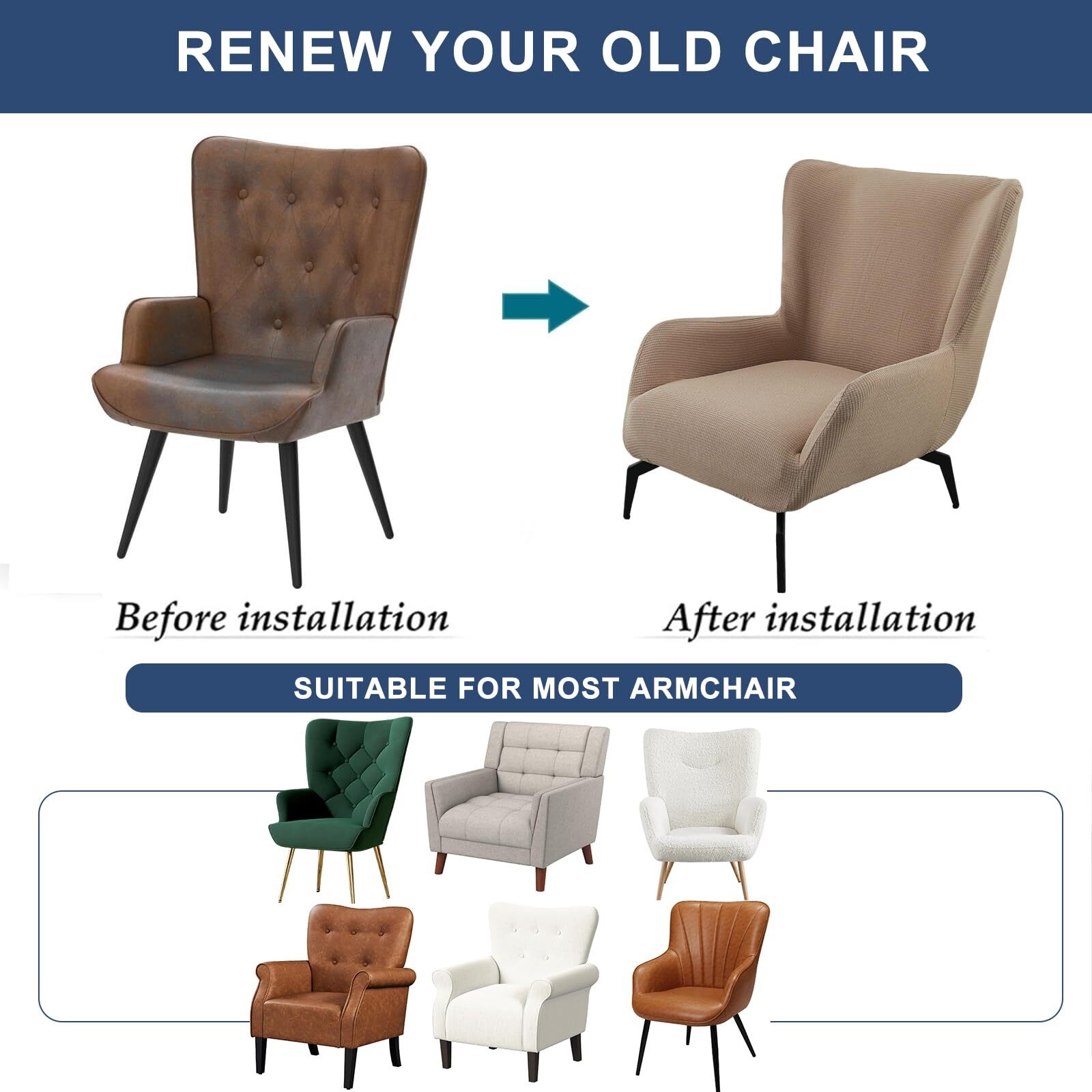 BH-JJSMGS Mid Century Modern Accent Chair Cover Jacquard Armchair Slipcover Soft Armchair Sofa Covers Removable Washable Chair Covers with Arms Furniture Protector for Living Room