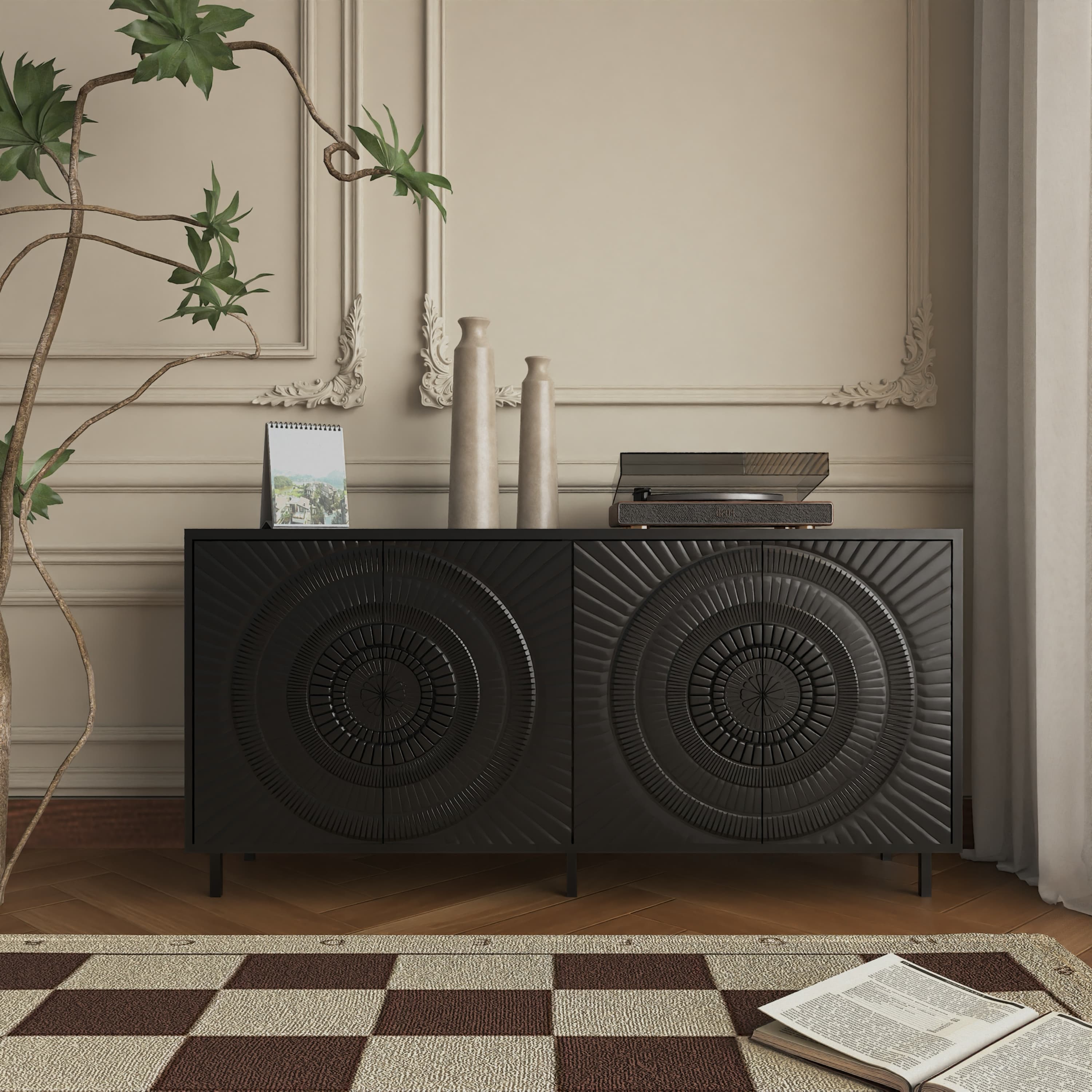 Aukfa Modern Wood Sideboard Buffet, Accent Storage Cabinet for Dining Room & Living Room,Black