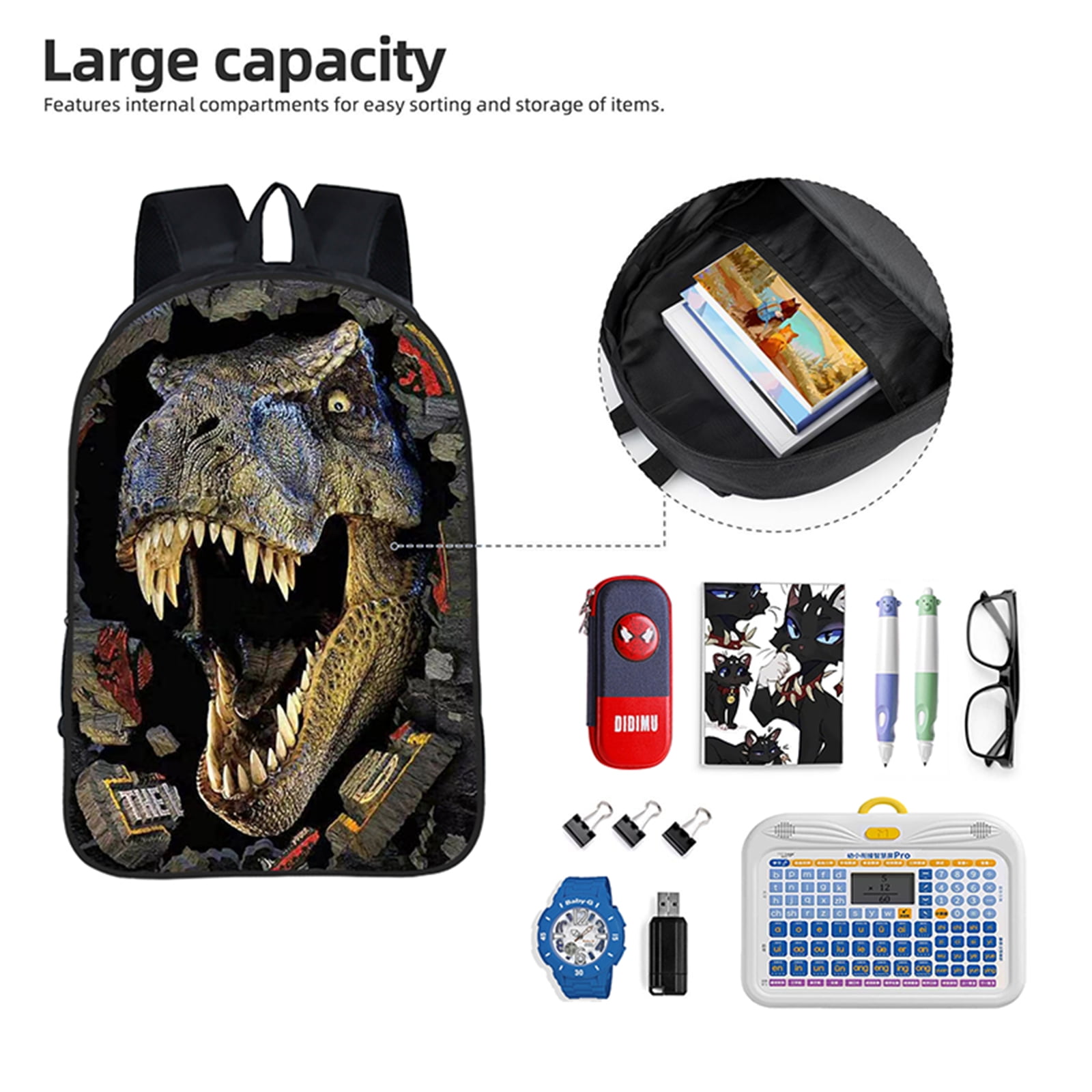 Dinosaur Backpack with Insulated Lunch Bag and Pencil Case, 3 in 1 Backpack Set, Laptop Backpack, Nylon Material, 17 Inch
