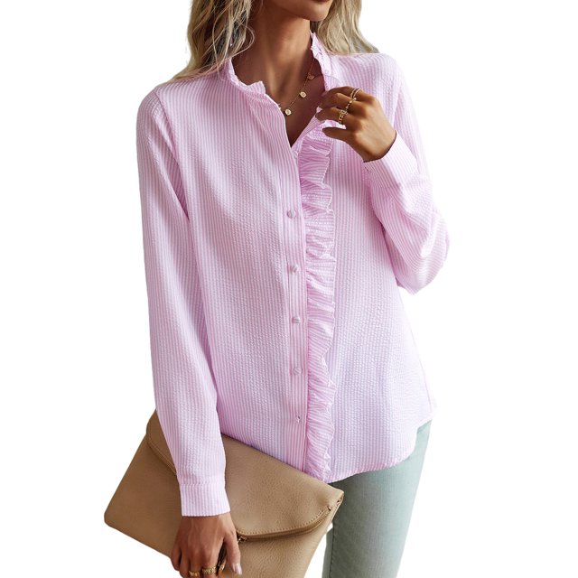 Fashnice Ladies Blouse Button Down Tops Solid Color Shirts Loose Holiday Tunic Shirt Pink S