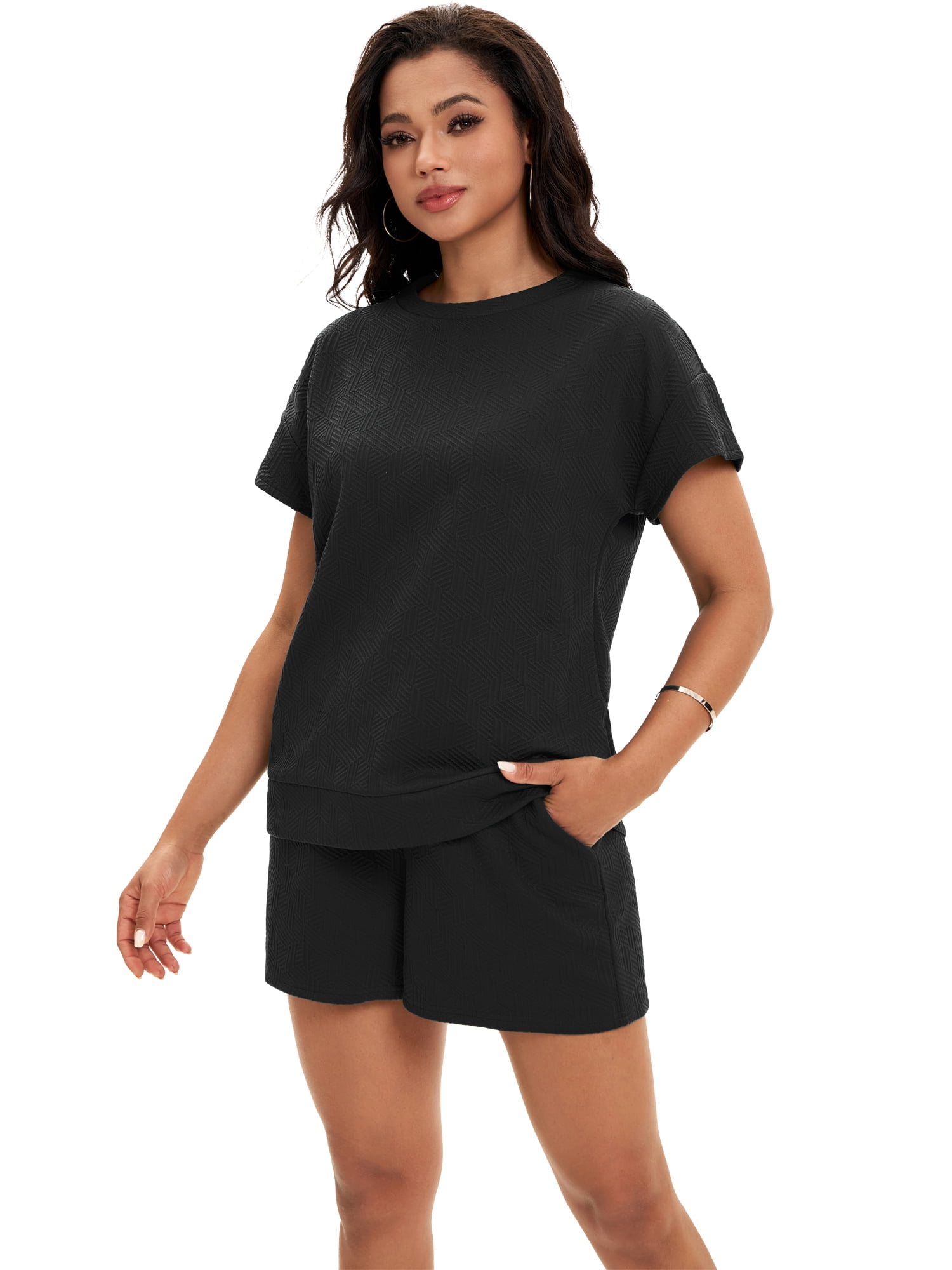 DARING DIVA Women's Summer 2 Pieces Outfits Short Sleeve Tops Shorts L Black