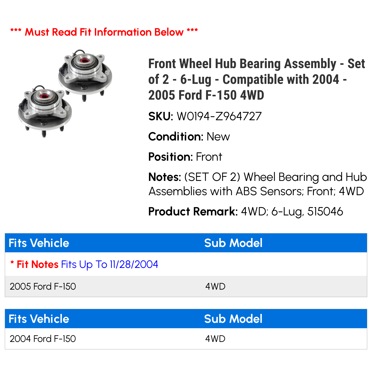 AM Autoparts Front Wheel Hub Bearing Set For 2004-2005 Ford F-150, Pair Left And Right, 10-Year Warranty