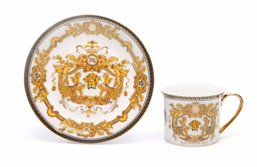 Silver-Plated Greek Key Royalty Porcelain 12-pc Espresso Coffee Set Bone China 