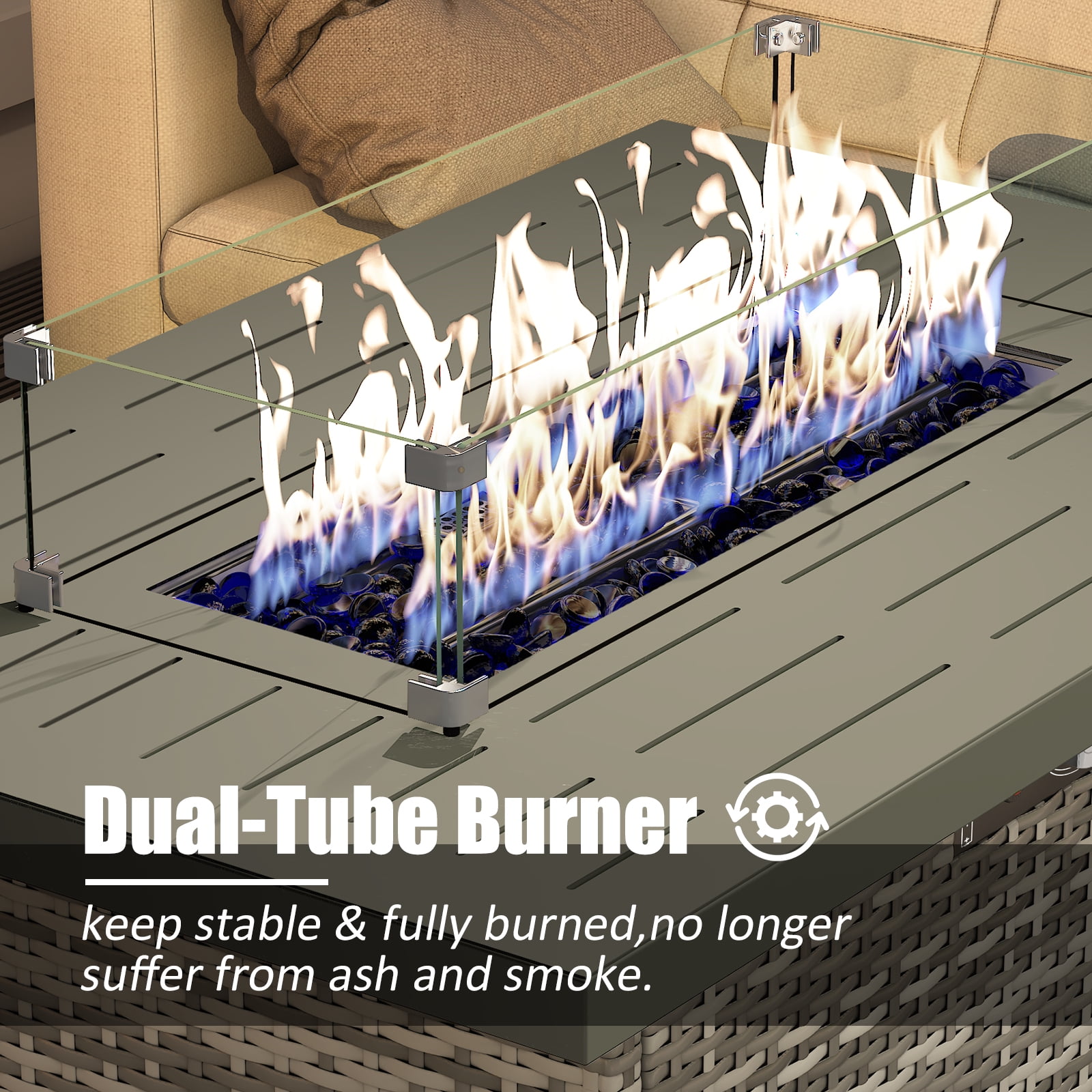 44" Propane Gas Fire Pit Table, 55000 BTU Rectangular Fire Pit with Glass Wind Guard for Outside Patio Deck Garden Backyard