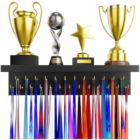 Medal Holder Display Trophy Shelf Organizer, Sturdy Wooden Race Award Hanger Rack with 25 Steel Hooks, Wall Mount Storage Stand for Sports Fans, Cheer Success