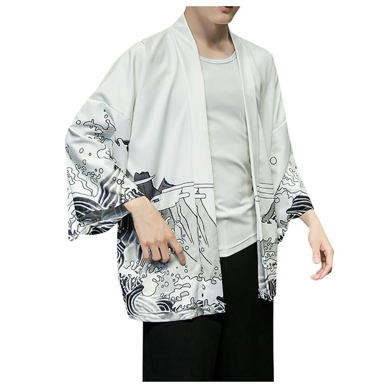 Mortilo Fashion Men's Kimono Cardigan Oversize Shirts Printed Shirt, Size: 2XL, White