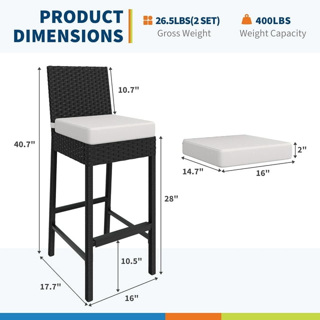 Modern Outdoor Wicker Bar Stools Set of 2 with Cushions – Armless Rattan Bar Height Chairs – Durable Iron Frame – Ideal for Patio, Backyard, Poolside, Home Bar – Color: System default_1