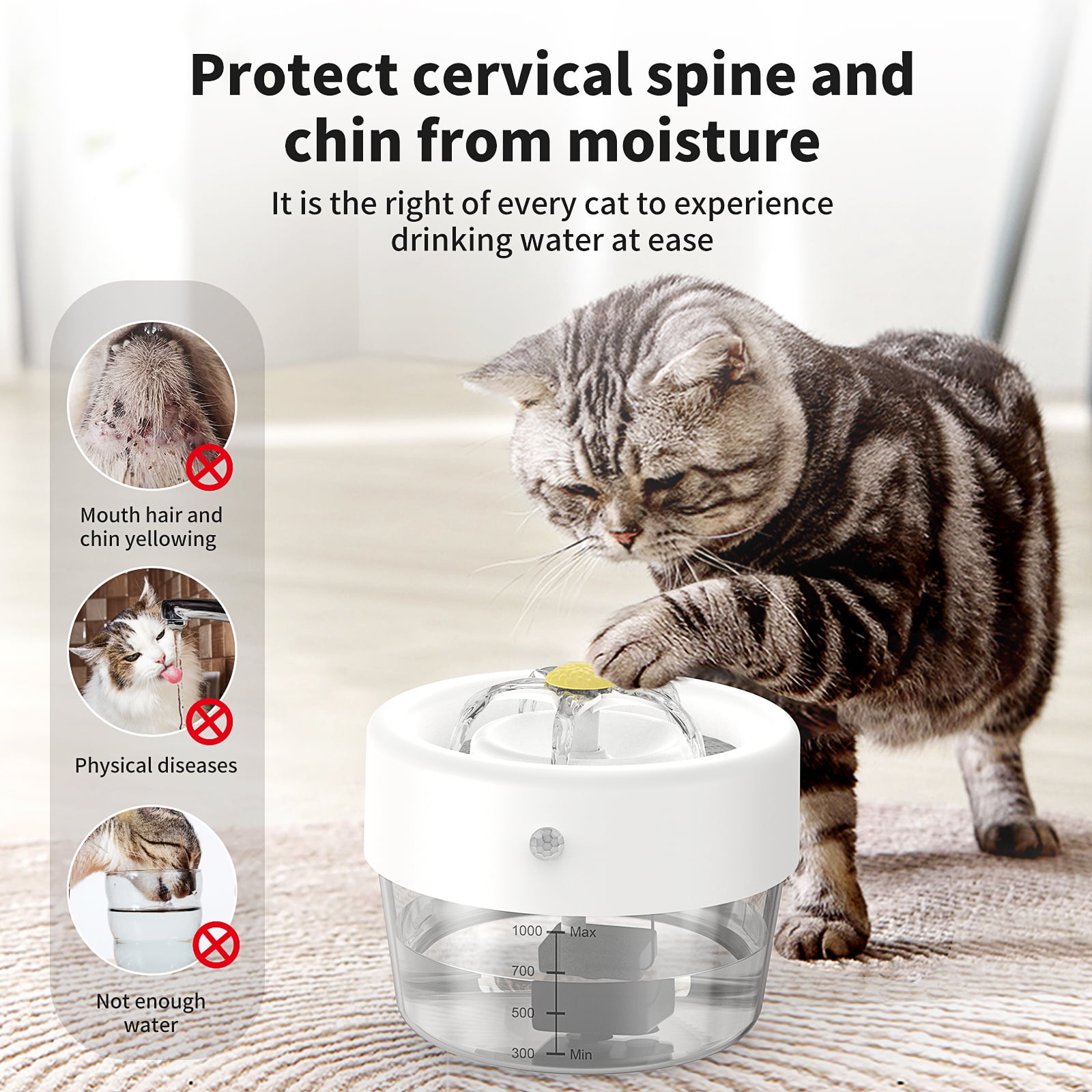 MASBRILL Cat Water Fountain, 1000mAh Battery, 1L Automatic Pet Drinking Fountain, White