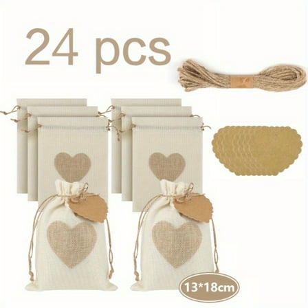 Ramadan Calendar Bags 24 Pack - Jute Drawstring Gift Bags with Heart Tags, 13x18cm Small Cotton Bags for Wedding Favors & Jewelry