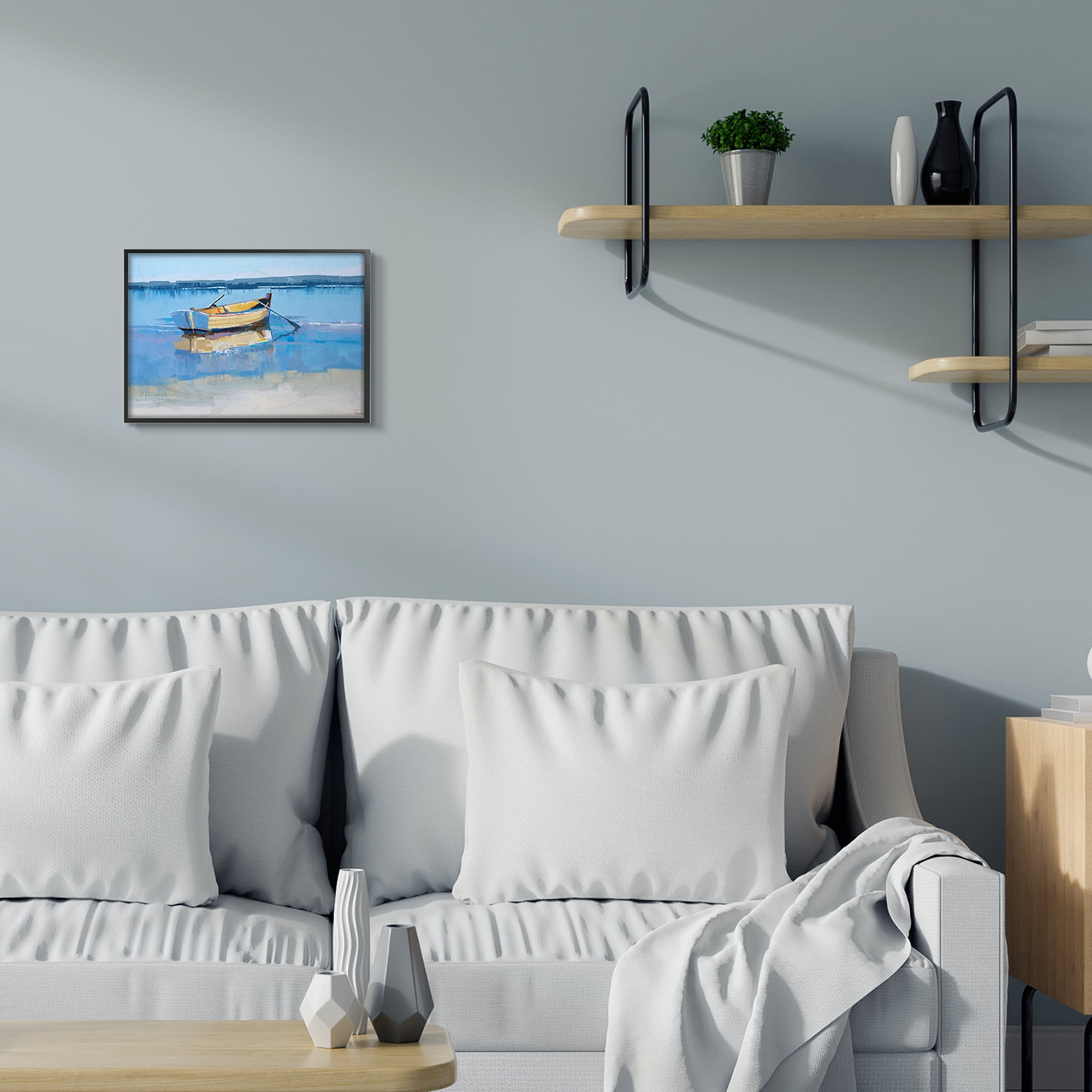 Stupell Industries Row Boat on Blue Coastal Shore Beach Landscape Black Framed, 11 x 14, Design by Craig Trewin Penny