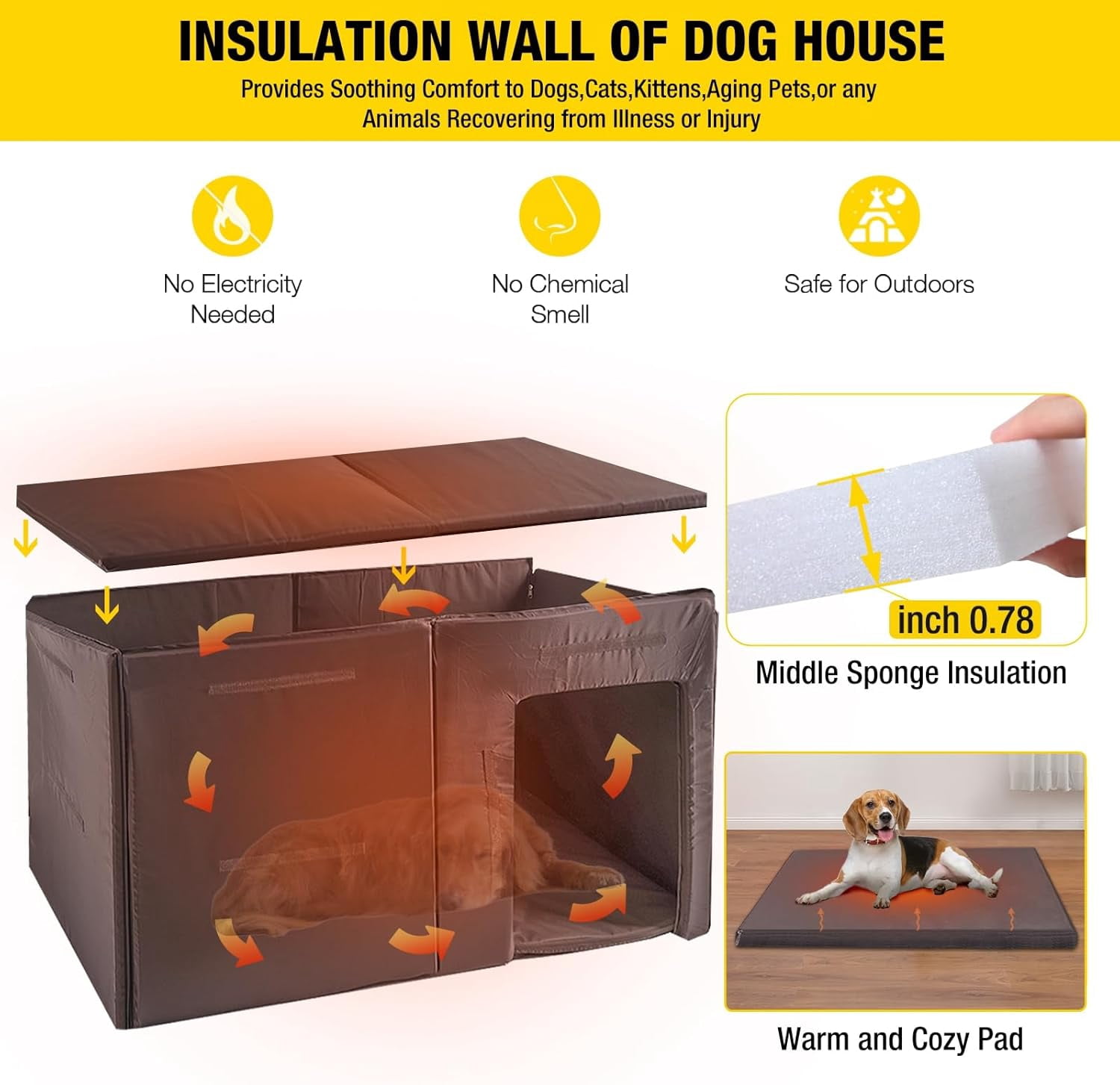Aivituvin 59.1" Large Insulated Dog House for Winter Outdoor Weatherproof Kennel All-Around Iron Frame, Brown