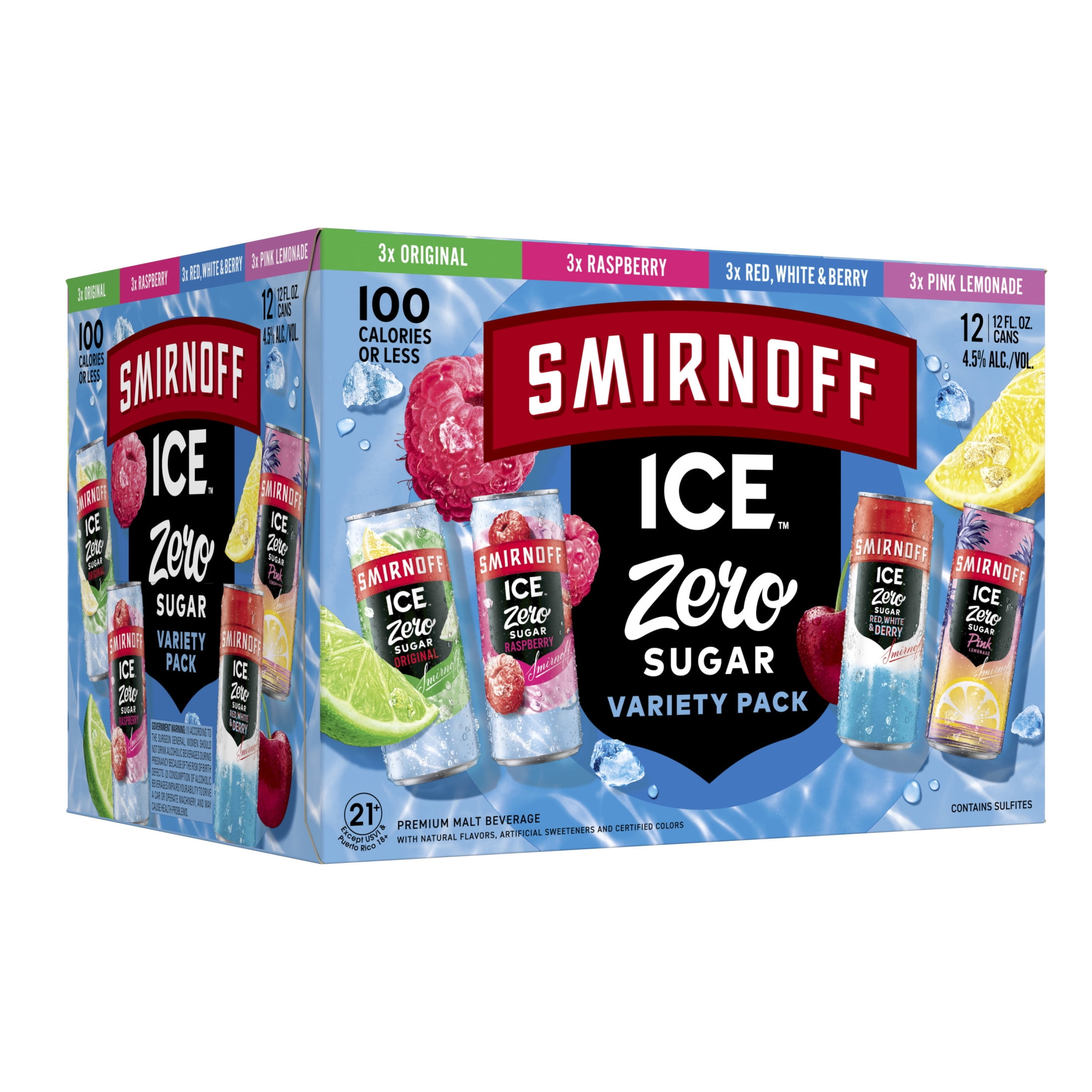 Smirnoff Ice Zero Sugar Variety, 12 Pack Cans, 12 fl oz, 4.5% ABV