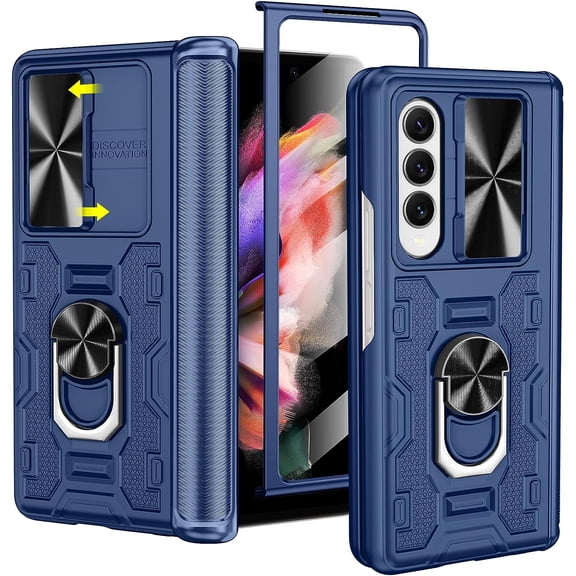 for Samsung Galaxy Z Fold 3 Case with Stand, Slide Camera Cover & Screen Protector & 360°Ring Magnetic Kickstand Military Grade Heavy Duty Protective Case for Galaxy Z Fold 3- Blue