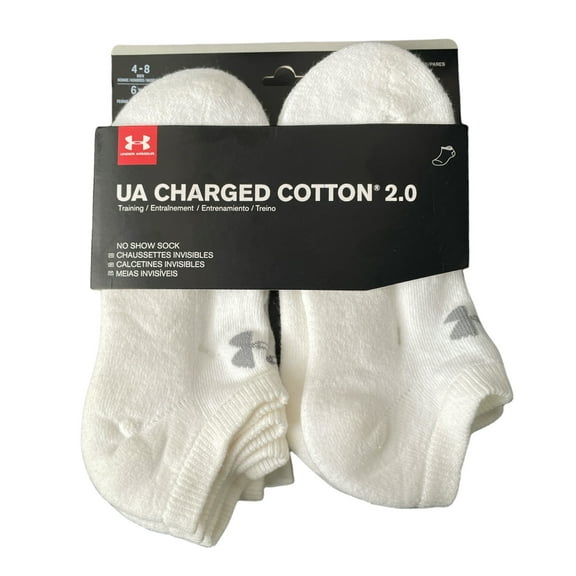 Under Armour Unisex Adult UA Charged Cotton 2.0 No Show Socks, White, 6 Pair (Men 4-8, Women 6-9)
