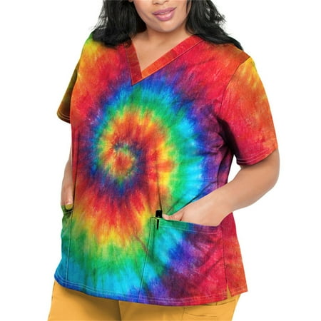 

Sksloeg Scrubs Tops Women Plus Size Tie-dye Printed Tops Nursing Working Uniform Short Sleeve V-Neck T-Shirts with Pockets Red XXXXL