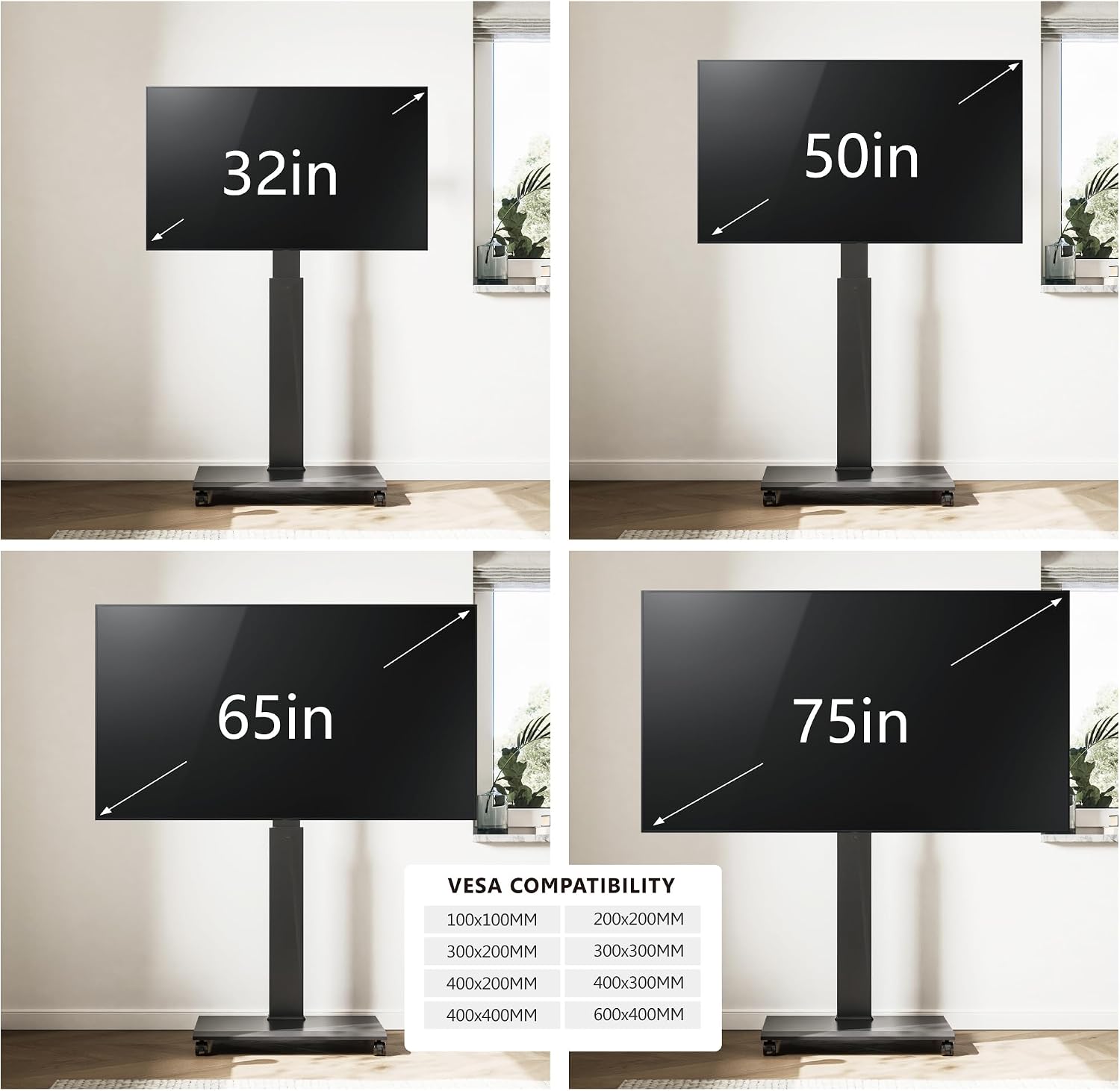 FITUEYES Rolling TV Stand for 32–75 Inch TVs, Black, Power Outlet, Portrait/Landscape Rotation