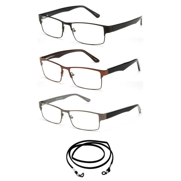 3 Pack Newbee Fashion - Light Metal Frame Squared Durable Reading Glasses Spring Hinge Lanyard 1.00