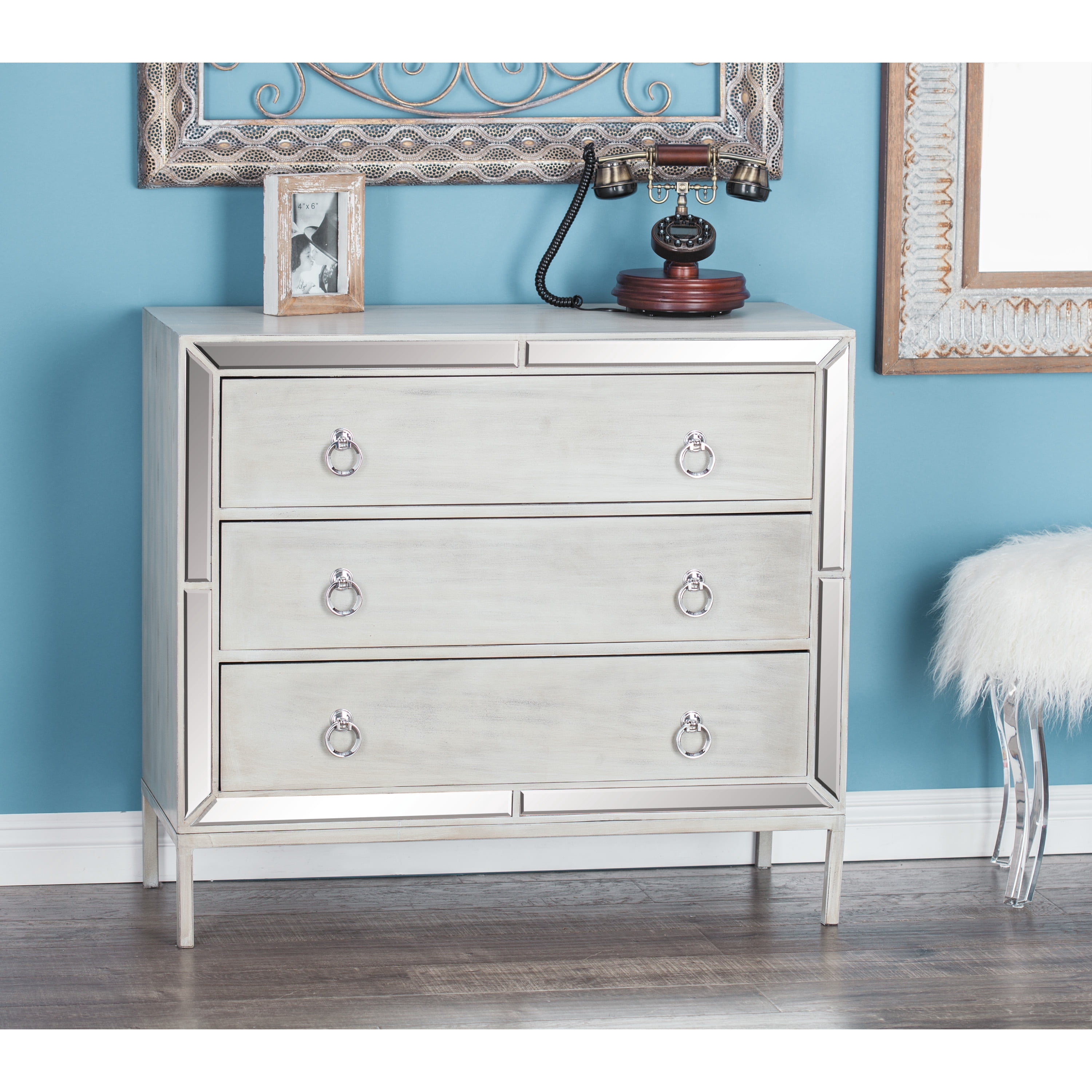 DecMode 36" x 32" Cream Wood Chest with Ring Handles, 1-Piece