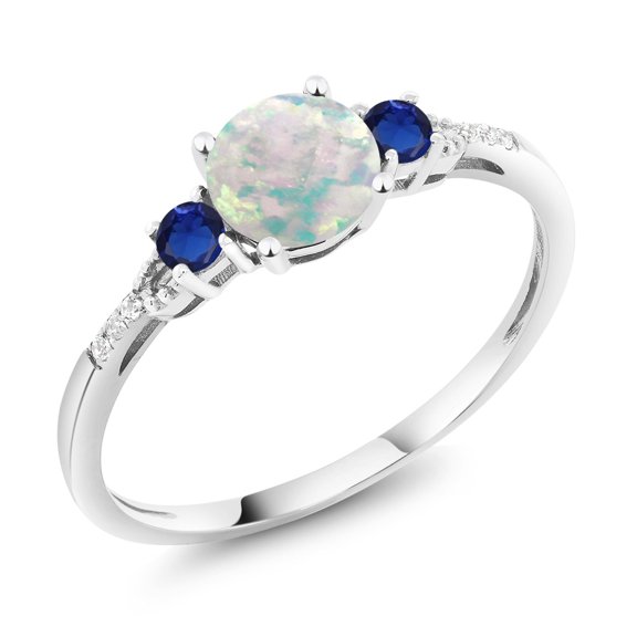 10K White Gold White Simulated Opal Blue Created Sapphire and White Diamond Accent 3-Stone Engagement Ring for Women (0.51 Cttw, Round Cabochon 6MM, Gemstone October Birthstone, Size 7)