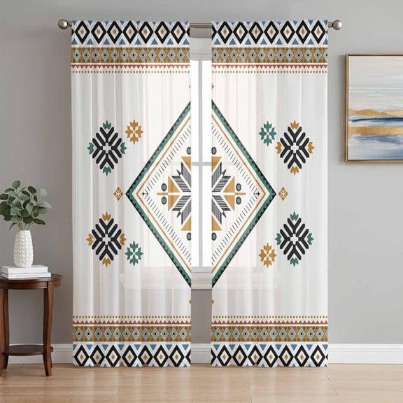 Sheer Curtains 108 Inches Long 2 Panels Set for Living Room, Beige Boho Semi Sheer Curtains for Windows, Vintage Ethnic Tribe Abstract Art Retro Voile Window Treatments Rod Pocket Curtain