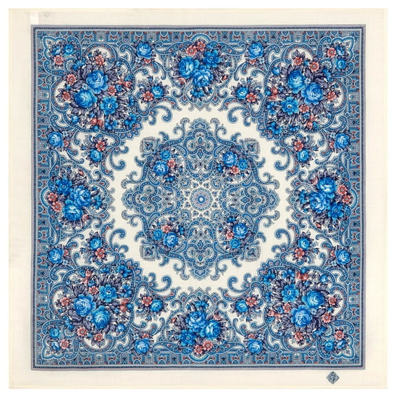 Pavlovo Posad Spring Days Wool Shawl 28.3x28.3'' (72x72 cm) 100% Wool Wrap Fashion Shawl for Women Floral Merino Wool Scarf, Blue and White