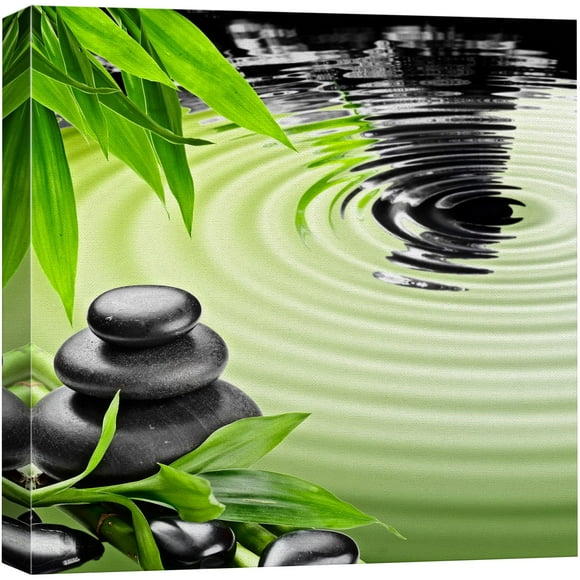 wall26 Impression sur Toile Art Mural Pierres de Basalte Noires avec Bambou Floral Nature Art Numérique Moderne Rustique Paysage Relax/calme Coloré pour Salon Chambre Bureau - 16 Pouces"x16 Pouces"