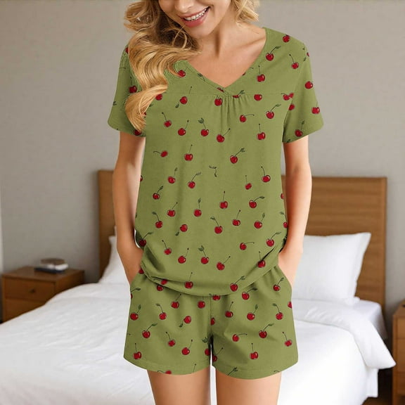 SDNall Pajama Set for Women V-Neck Short Sleeve Top and Pocket Shorts 2-Piece Comfortable Sleepwear and Lounge Set for Home