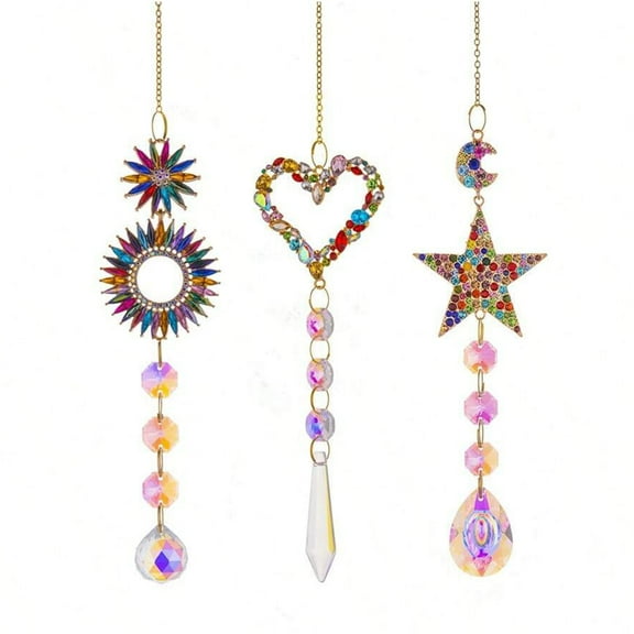 3 Pcs Hanging Crystal Suncatchers, Heart Star Sun Window Prism Sun Catcher Rainbow Maker, Car Charm Mirror Accessories, Mom Grandma Gifts