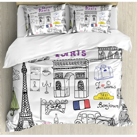 Doodle Queen Size Duvet Cover Set, Paris Culture in Doodle Style Drawing Eiffel Tower Beret Croissant Blue Cheese Taxi, Decorative 3 Piece Bedding Set with 2 Pillow Shams, Multicolor, by