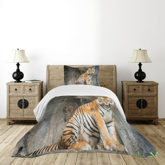 Ambesonne Zoo Quilted Bedspread Set 2 Pcs, Bengal Tiger Cat Predator, Twin Size, Pale Brown White Black