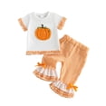 thumbnail image 3 of YWIYIUD Baby Girl Halloween Outfit Fall Winter Halloween Cartoon Embroidered Plaid Ruffle Short Sleeve Tops and Elastic Waist Wide Leg Pants Sets Toddler Girl Clothes Outfits for Boys 12-18 Months, 3 of 4