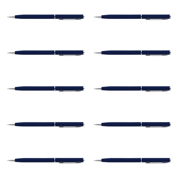 10 Skinny Ballpoint Metal Pens Pack - Sleek, Twist Off, Black Ink - Blue
